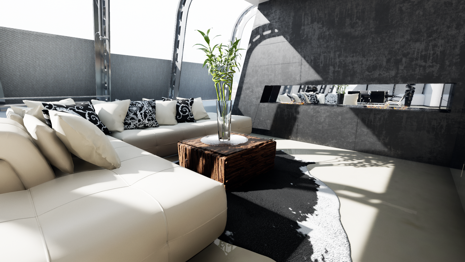 A ray-traced interior scene showing realistic lighting, reflections, and shadows