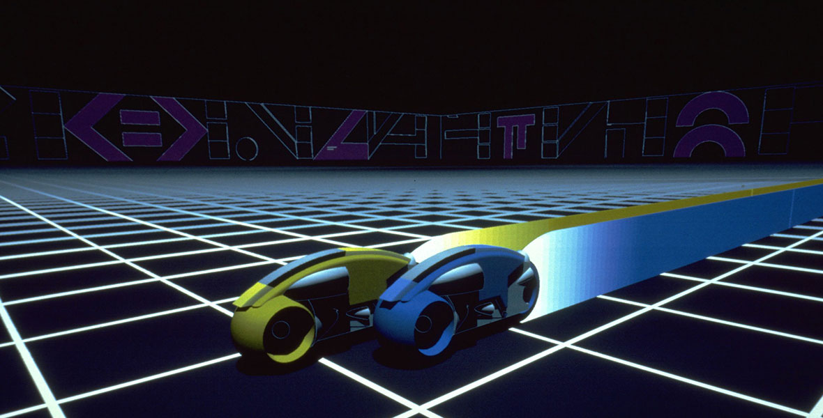 Early computer graphics from Tron (1982) showing flat, stylized rendering without ray tracing